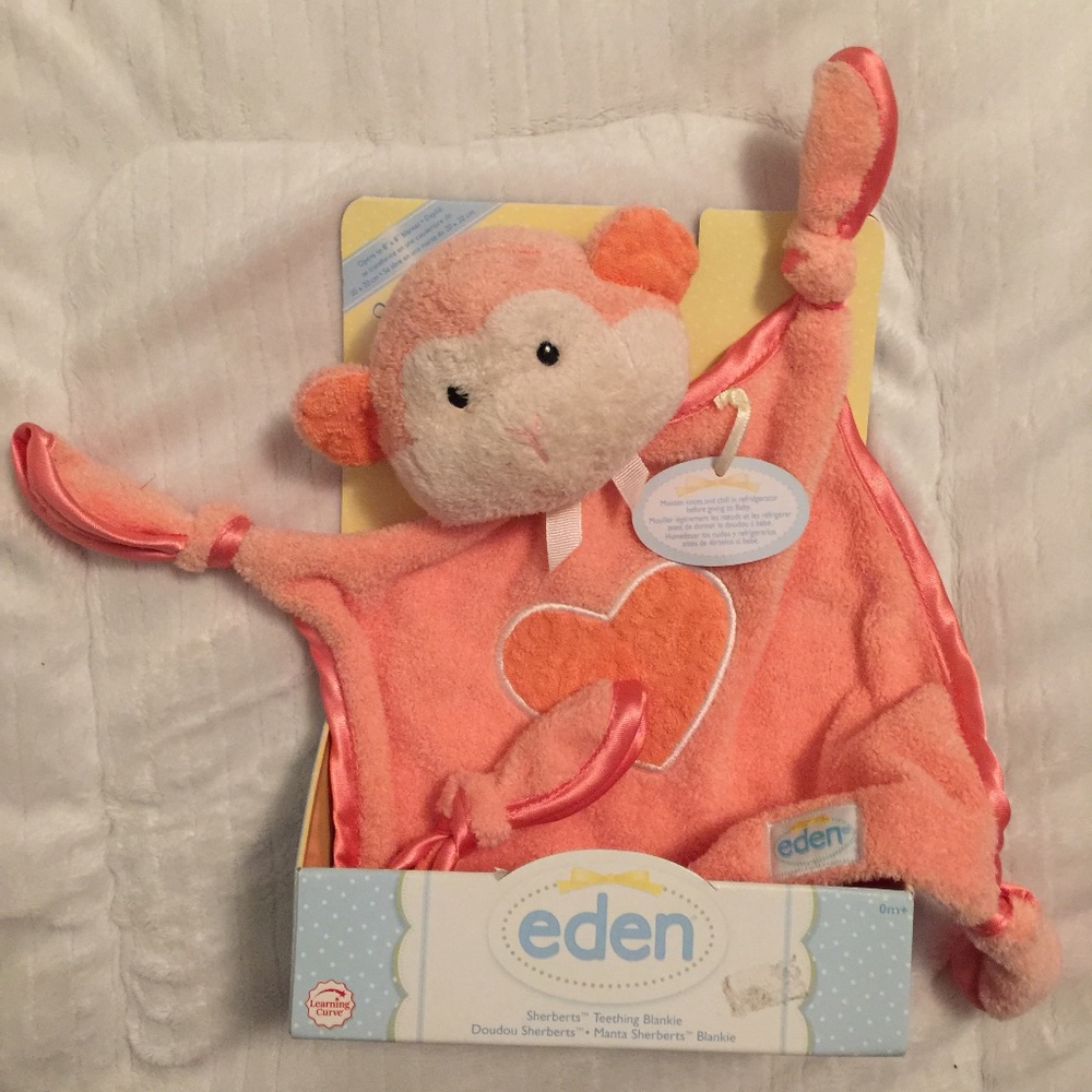 New Eden Orange Peach Monkey Rattle Security Blanket Sherberts Teething Blankie